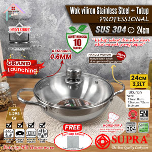 SUPRA wok 24cm + tutup stainless steel impact SUS 304 professional series / panci wajan penggorengan handle kuping tebal