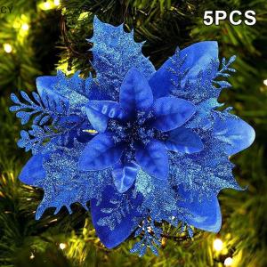 GY🌠🌠🌠 5PCS Christmas Golden Glitter 14cm Flower Christmas Tree Decoration Ornaments Color Glitter Home Party Decoration Supplies