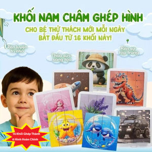 Đồ Chơi Xếp Hình 16 Khối Nam Châm Từ Tính 3D Khối 2x2cm 6 Mặt 6 Hình Theo Chủ Đề Giao Thông Biển Khủng Long Động Vật