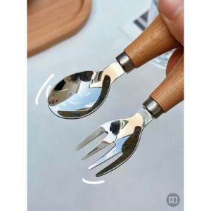 Bộ muỗng nĩa inox cán gỗ kèm hộp đựng – thìa dĩa cho bé ăn dặm tập ăn mang đi học du lịch