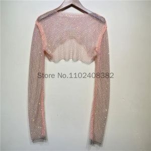 Womens Hollowed Out Short Style Pullover Long Sleeves Paired Camisole Diamond Casual Nightclub Top Mesh Costumes Cosplay