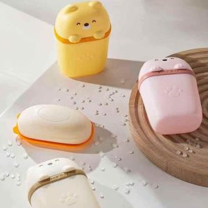 1pc Bear Drain Soap Box with Lid Soap Dish Storage Box Bathroom Soap Holder Travel Portable Sealed Soap Case Organizer
