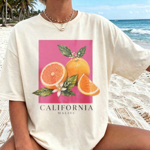 [Local Stock] HBESTY  Vintage Orange Fruit Graphic Pink Background California Text Gray Crewneck Short Sleeve Shirt Y2k Top High Quality Cotton Tees