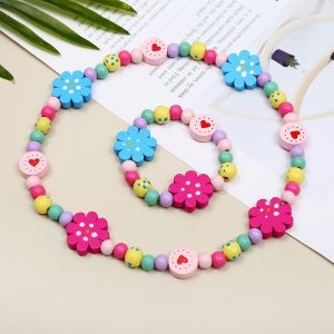 JJT Cute Cartoon Animal Wooden Bead Necklace and Bracelet Set for Kids DIY Jewelry Craft