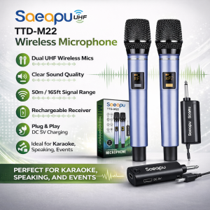 Saeapu TTD-M22 Dual UHF Wireless Microphone Professional Karaoke Mic Set 50m Long Range Rechargeable Receiver Plug & Play Clear Sound for Events Singing & Speaking