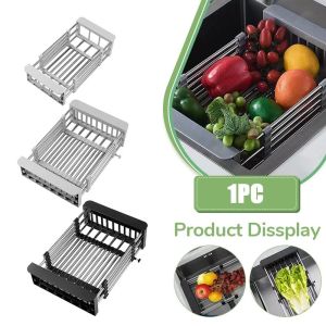 QUA Adjustable Dish Drying Rack Stainless Steel Multipurpose Dish Organizer Functional Handle Dish Washing Shelf Kitchen Sink