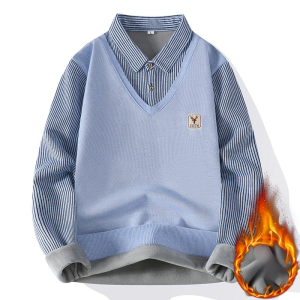 Mens fake twopiece warm tops bl p thick knit sweater pullover cashmere fall winter casual shirt