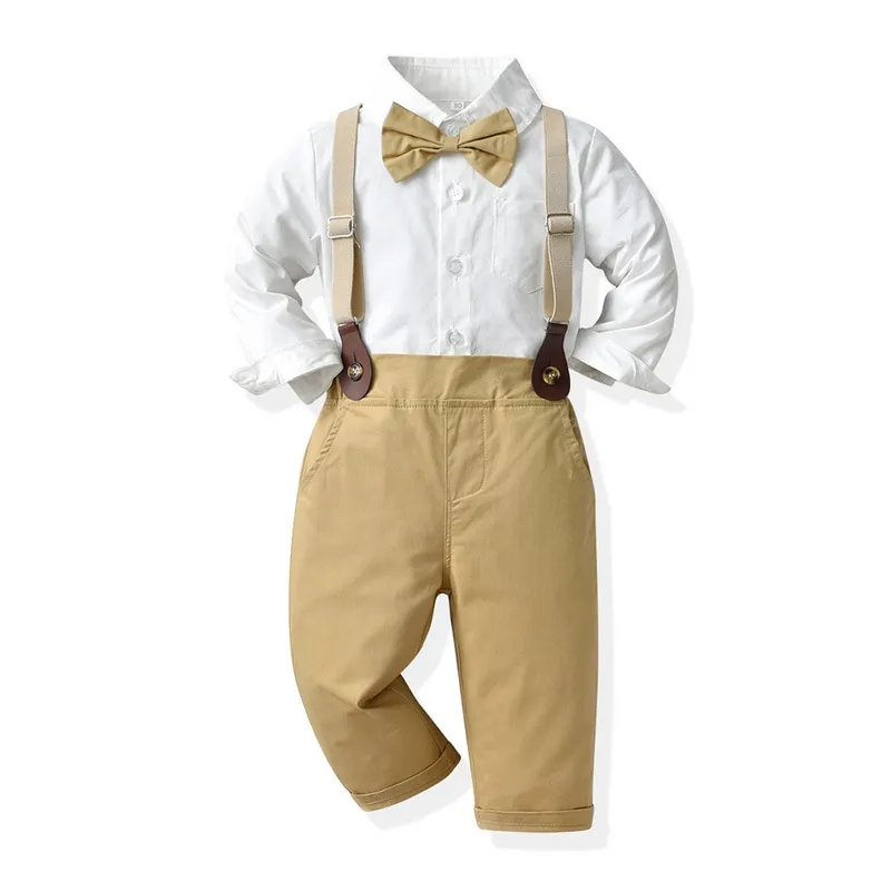 Bow Shirt Pant Belt 1-12 Years Old Long Sleeve Shirt Khaki Pants
