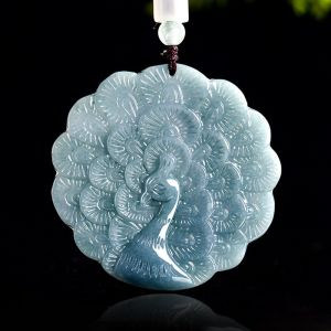 TIMESWIND Natural Jade Light Blue Big Peacock Carving Safety Men Necklace with Certificate