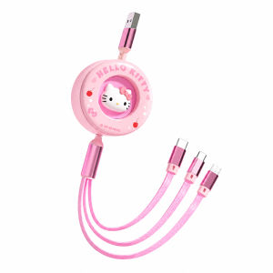 Sanrio Hello Kitty 3-in-1 Retractable Charging Cable Fast Charge Type-C Lightning Micro USB Flexible Durable Travel Data Cord SS-719