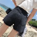 Korean high waist tattered denim shorts for women casual hole wide leg black jeans. 