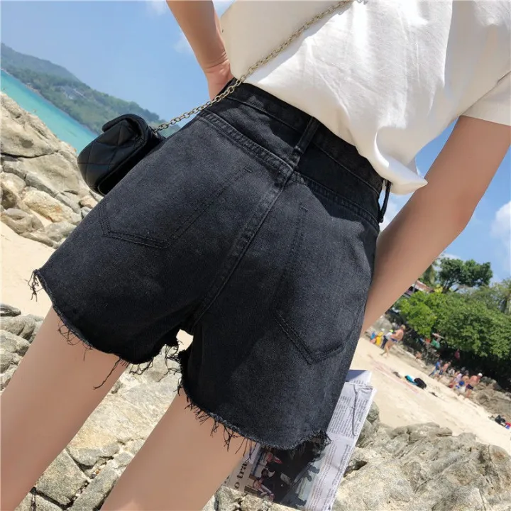 Korean%20high%20waist%20tattered%20denim%20shorts%20for%20women%20casual%20hole%20wide%20leg%20black%20jeans%20-%20Image%207