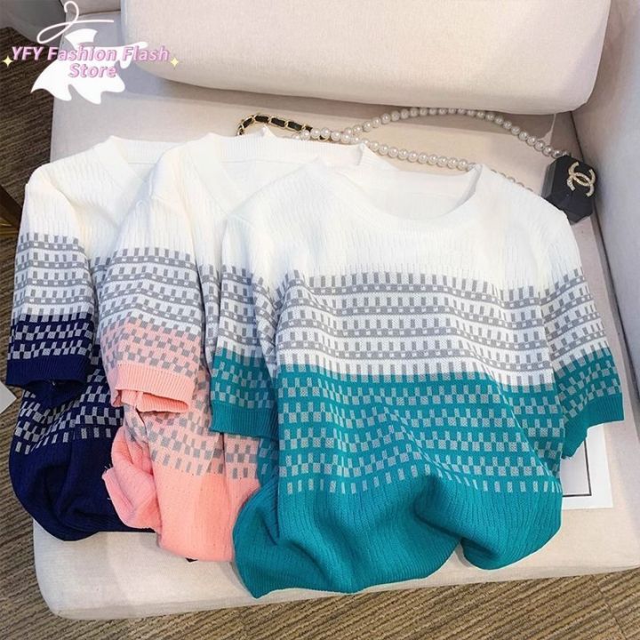 Ice Silk Top Women's Fashion Color Blocked Thin Knit Sweater for Commuting