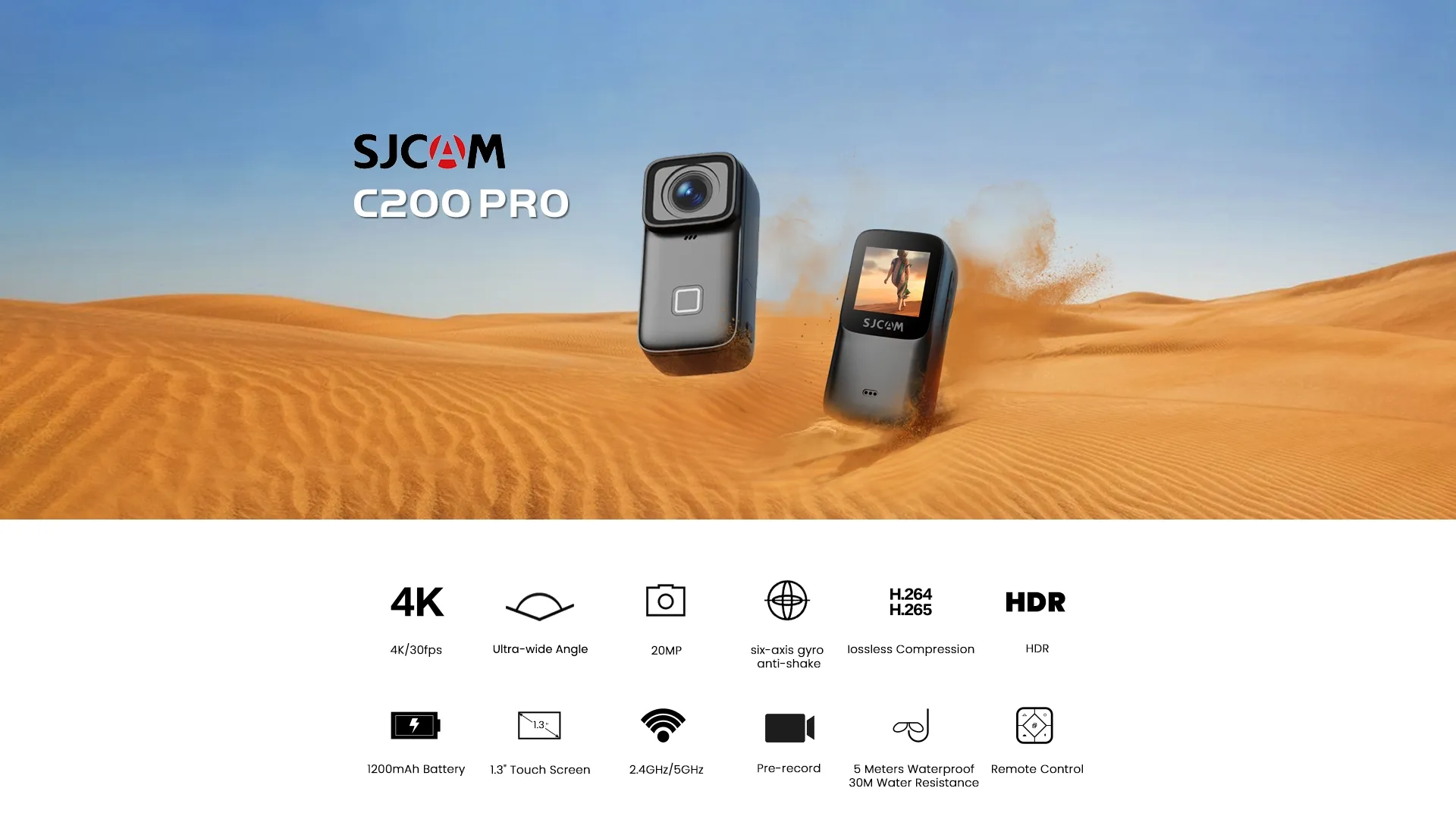 SJCAM C200PRO 4K กล้องแอคชั่น WiFi ขนาดเล็ก พร้อมหน้าจอ IPS 1.28 นิ้ว ยาว 5 เมตร กันน้ํา