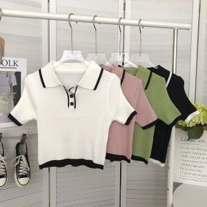 Áo thun gân tăm len croptop dáng ngắn trụ viền cổ cổ sơ mi thun kiểu croptop nhiều mau chất thun gân