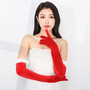 HOT ตุ๊กตาผ้าพลัฌ ถุงมือคริสมาสต์ คอสเพลย์ อีลาสติก ถุงมือยาวกำมะหยี่ สีแดง/สีดำ เรโทร ถุงมือมารยาทมารยาท ชุดอาหารค่ำเดรส