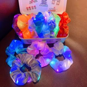 LED Light Girls Candy Color Bright Organza Scrunchies Hair Ties Rubber Band Hair Rope Ponytail Holder Pleated Elastic Hair Band