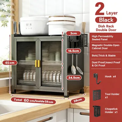 Multi-layer Storage Shelves with Door Dapur Kabinet Rak Dapur Kitchen Cabinet Dish Rack Kitchen Stainless Steel Storange Rack