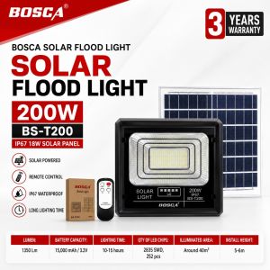 BOSCA 3 Year Warranty 200W Solar Led Outdoor Flood Light Street Lamp IP67 Waterproof With Remote BS-T