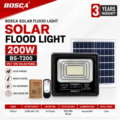 BOSCA 3 Year Warranty 200W Solar Led Outdoor Flood Light Street Lamp IP67 Waterproof With Remote BS-T