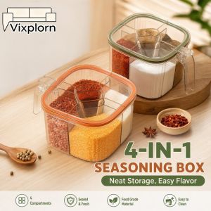 Vixplorn Five Grid Transparent Condiment Storage Box Moisture Proof Flip Lid Easy Grip Kitchen Container