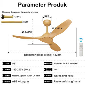 60-inch ceiling fan DC motor with six speeds and forward and reverse rotation with timing function solid wood fan with 3 solid wood original wood color fan blades suitable for living rooms dining rooms bedrooms homes and other places.