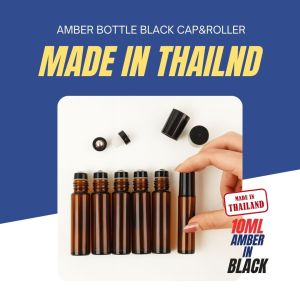 KYO ขวดลูกกลิ้งแก้วหนา 10ml สีชา ฝาดำ ลูกกลิ้งสแตนเลส ขวดแก้วน้ำมันหอมระเหย ขวดพิมเสน ขวดใส่น้ำมันนวด