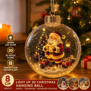 Christmas Decorations 3D Glowing Christmas Ornament Light Up Hanging Ball With Chain Acrylic Santa Snowman Reindeer 8cm