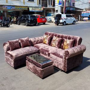 Sofa L Kancing Beludru Mewah