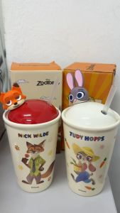 💖In Stocks💖Zootopia Nick & Judy 450ML Cute Cartoon Mug Cup With Lid & Straw Nick & Judy Design Drink Cup Gift Ready