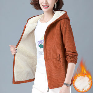 Womens Corduroy Jacket Thickened Fleece Short Autumn Winter Fashion plus Size Cotton Coat Korean Style Zipper Closure Long SleeveK