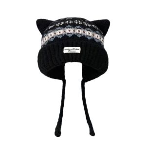 MAKERVY Cat Ear Knitted Woolen Cap Thickened Windproof Winter Pullover Hat Casual Fell Island Style Ear Protection Cap for Women Girls