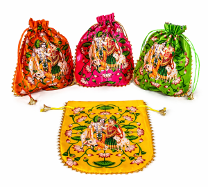 Traditional Radha Krishna Print Potli Bags | Satin Drawstring Pouches for Wedding Return Gifts Pooja & Festive Gifting (Size - 9*7 inch | Pack of 1)