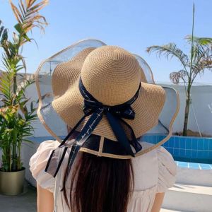 BEAUTYLADIES ผ้าทอทอ หมวกฟางโบว์ ป้องกันรังสียูวี Bowkont หมวกป้องกันแสงแดด ลำลองแบบสบายๆ ครีมกันแดดป้องกันแสงแดด หมวกชายหาดหมวก ผู้หญิง/ผู้หญิง