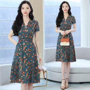 Impression Fashion Store Women Elegant Summer Chiffon V-neck Floral Short Sleeve High Waist A-line Midi Dress