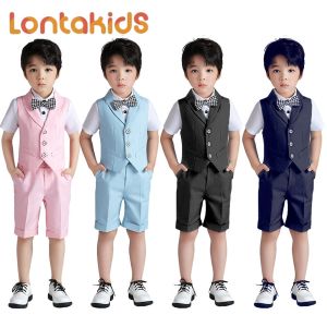lontakids 2-14 Years Boys 3Pcs/4Pcs Set Plain Vest Set Kids Vest + Shorts + Bowtie /+Shirt Gentleman Formal Suits Wear Set Wedding Birthday Tuxedo Outfits