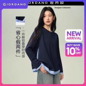 GIORDANO Women T-Shirts Fake Two-Piece Striped Splicing Tee Long Sleeve Fashionable Casual Relaxed T-Shirts 18326722