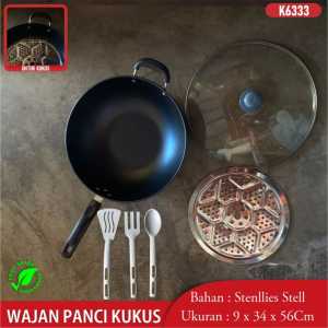 Wajan Wokpan Penggorengan Kukus Set Enamel Tutup Kaca Anti Lengket Saringan Panci Gagang Cookware