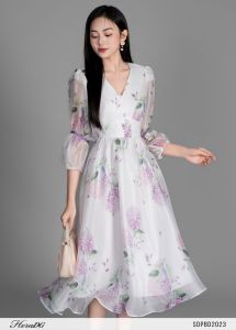 [Voucher 15% MOV 199K cap 100K Đầm HeraDG dáng xòe nhẹ nhàng thiết kế tay lỡ rút nhún họa tiết hoa cẩm tú cầu chất tơ xước cao cấp SDPBD2023