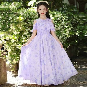 YTM Pleated Girls Chiffon Floral Dress Teenagers Loose Summer Kids Dresses Fashion Beach Vacation Children Princess Dress Holiday