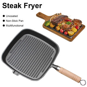 Sikiwind Iron Skillet Steak Pan with Wooden Handle Uncoated Non-stick Frying Pan Steak Skillet Camping Indoor and Outdoor Use