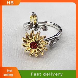 HB Opening Adjustable Spinning Sunflower Bee Release Stress Ring Rotatable Zircon Copper Finger Ring For Women Fashion Jewelry