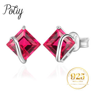 Potiy Square Red Created Ruby 925 Sterling Silver Stud Earrings for Women Fashion Gemstone Daily Jewelry valentines day gift