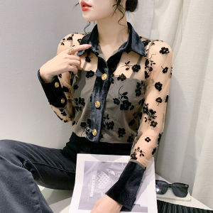 DL nữ lớn của 2023 mùa thu quan điểm mới Tay áo dài Thiết kế áo lưới cảm giác in hoài cổ pháp hàng đầu