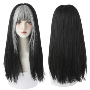 7JHH WIGS Hair Extension Human Hair Washable Highlighted Grey Black Kinky Straight Synthetic Wigs With Fluffy Bangs For Women Daily Wear Toupee Heat-Resistant Hair