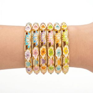 JPTD Gold Plated Enamel Floral Bangle Elegant Chinese Style Cloisonne Bangle Light Luxury Electroplating Womens Flower Bracelet Women
