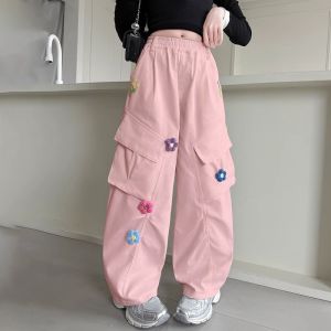 Korean Cargo Pants for Kids Girls Summer Jogger Pants Elasticated Waist Casual Street Baggy Pants Flower Design New Fashion Candy Color Wide Leg Trousers Casual Sweet Girls Bottoms 7-16 Yrs