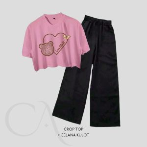 Setelan Crop Top Kulot Anak Perempuan Karakter Love Bear | Baju Set Cewek Love Bear 6 8 10 12 14 tahun
