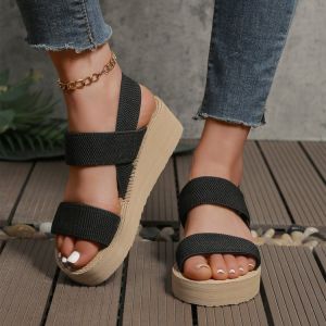 [Free Shipping] New Spring Platform Heel Thick-Soled Womens Open-Toe Sandals with Elastic Wedge Heel