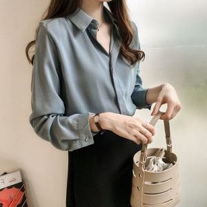 M-4XL Korean Style OL Wear Simple Plain Shirt For Women Casual Long Sleeve Blouse Tops